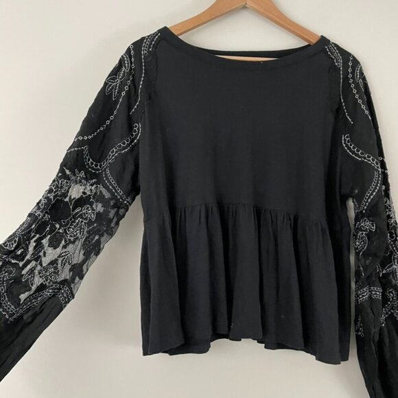 Free People Penny Black Embroidered Sleeve Peplum Top Size XS - Picture 6 of 6
